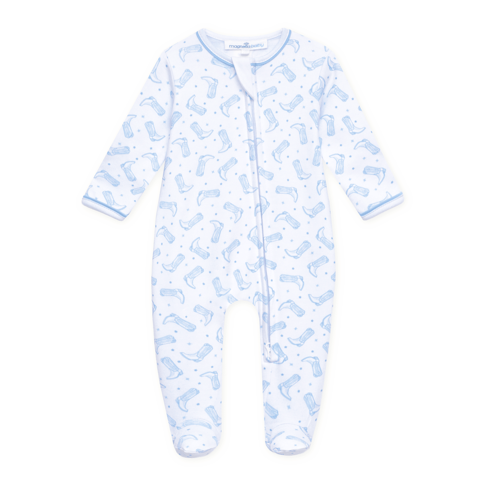 Magnolia Baby Darling Cowboy Boots Print Zip Footie, Light Blue