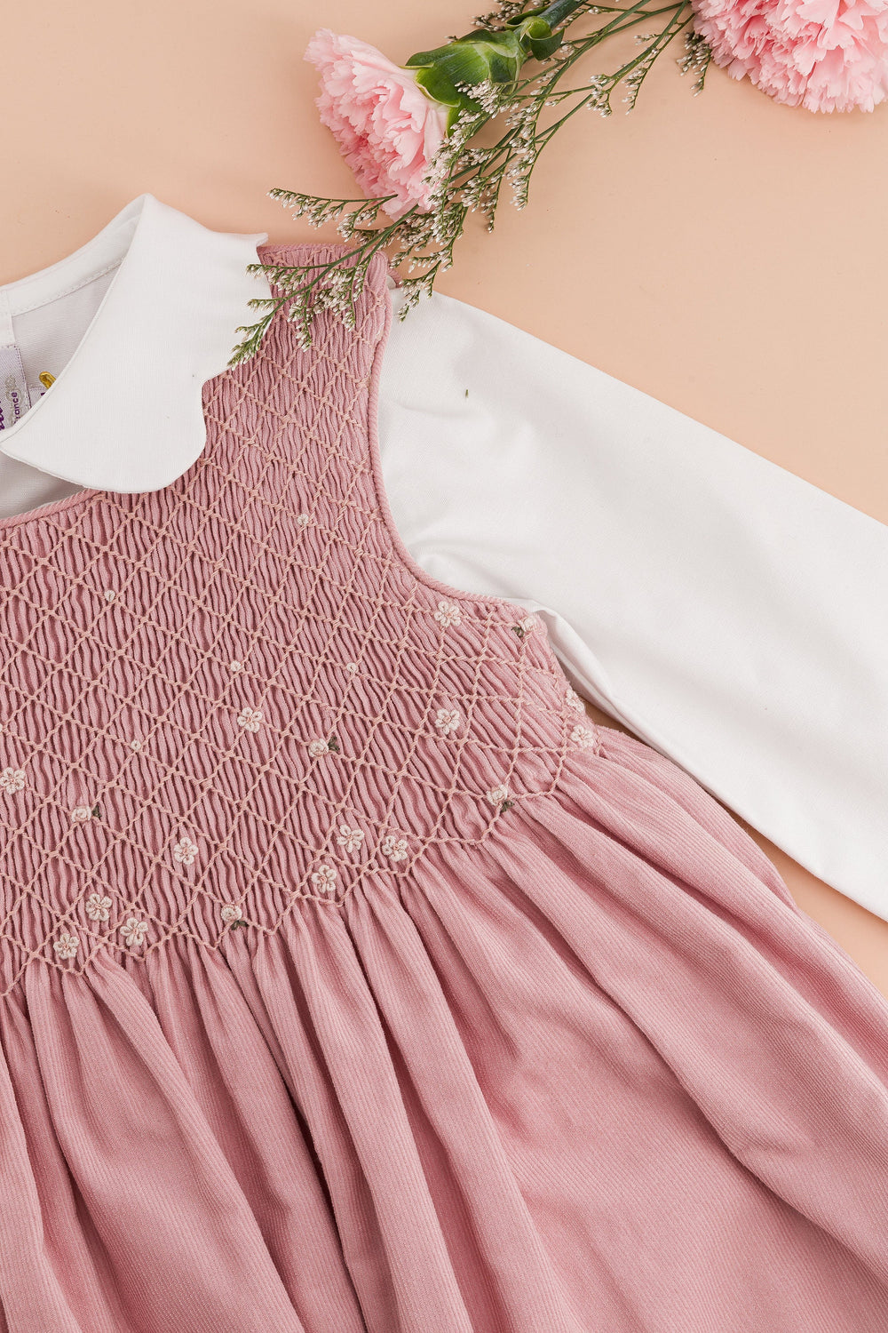 Kidiwi Emma Smocked Pinafore Dress in Pink Corduroy