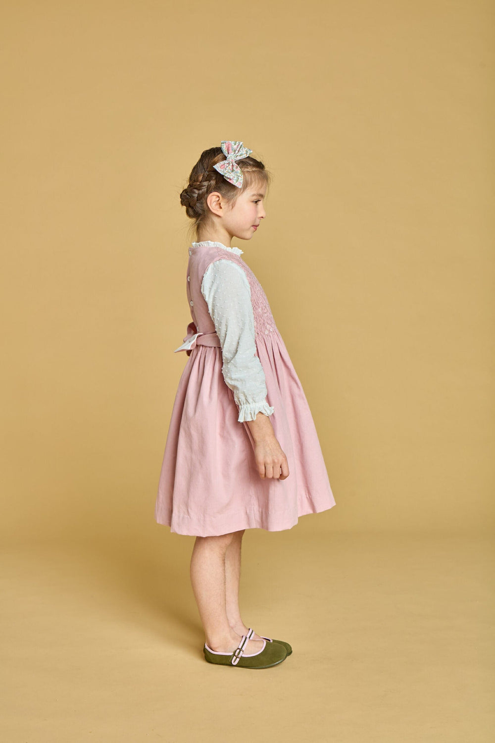 Kidiwi Emma Smocked Pinafore Dress in Pink Corduroy