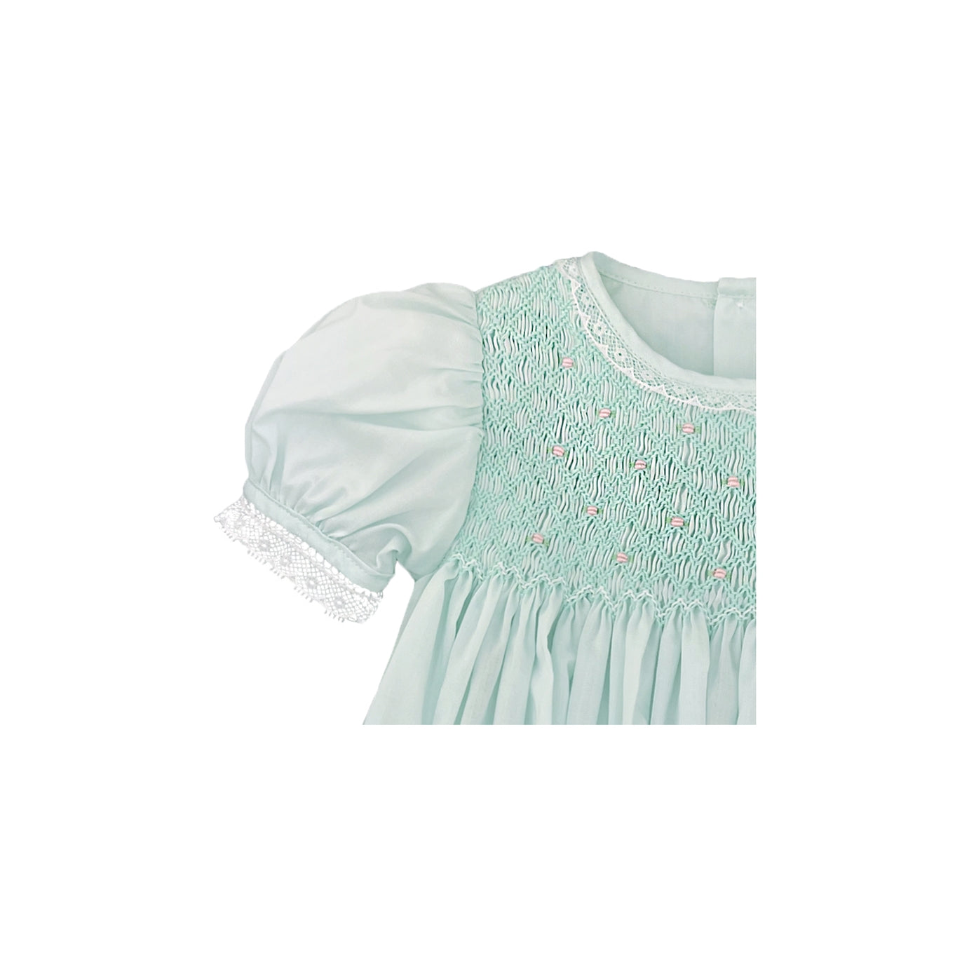Petit Ami Fully Mint Smocked Dress with French Lace