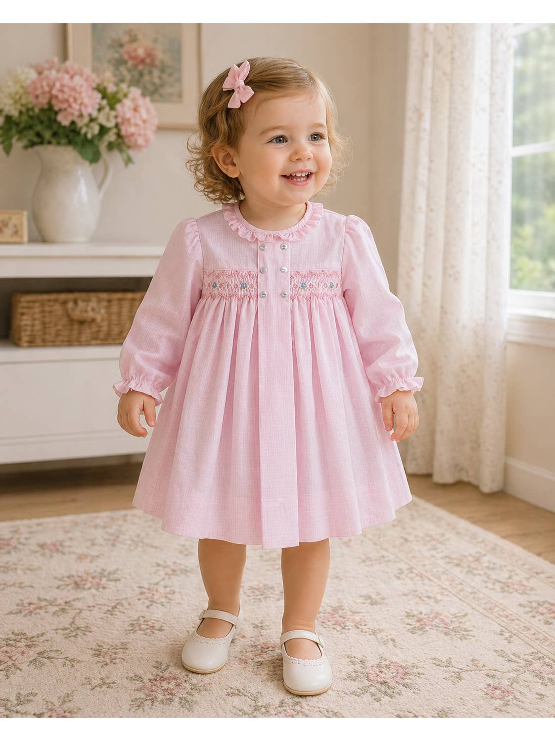 Petit Ami Pink Smocked Dress with Center Box Pleat