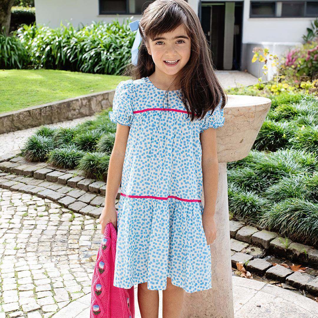 Pink Chicken Fiona Dress, Blue Mini Squares