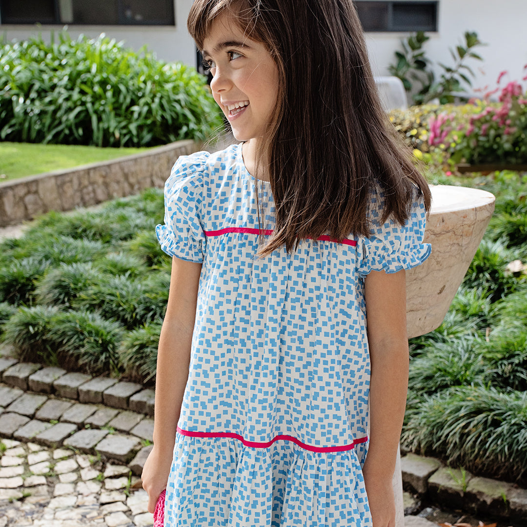 Pink Chicken Fiona Dress, Blue Mini Squares