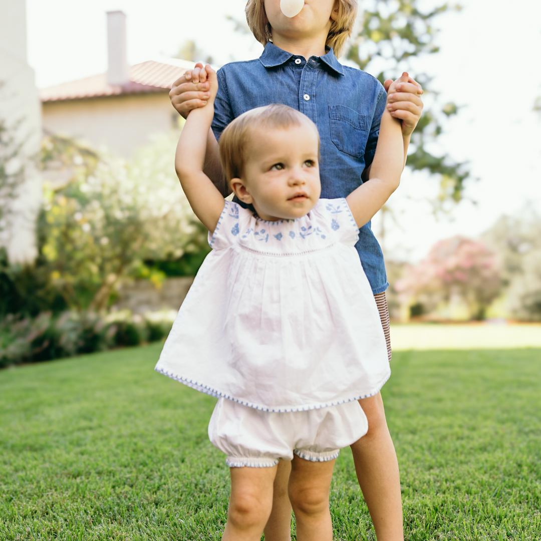 Minnow White Embroidered Top and Bloomer Set with Blue Embroidery