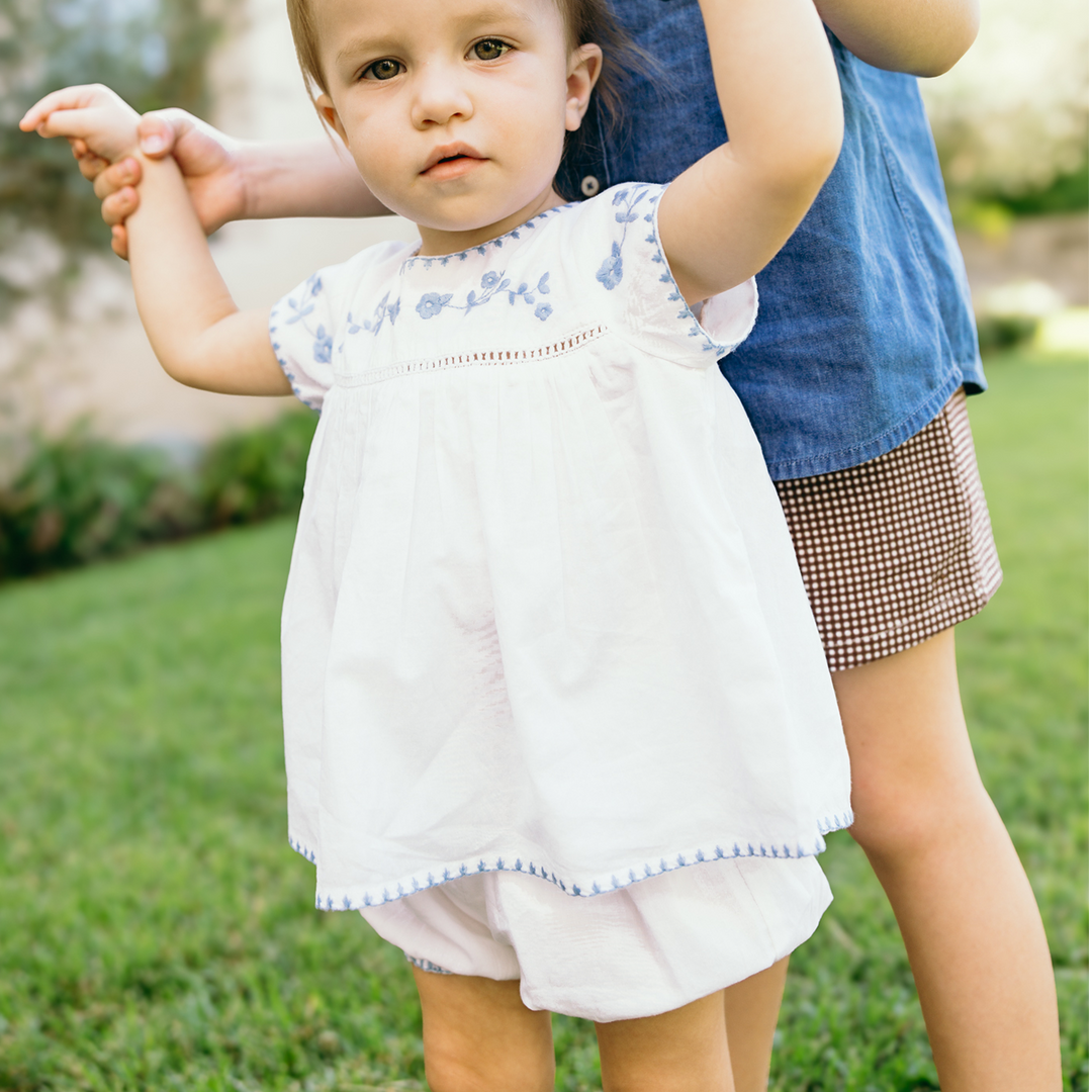 Minnow White Embroidered Top and Bloomer Set with Blue Embroidery
