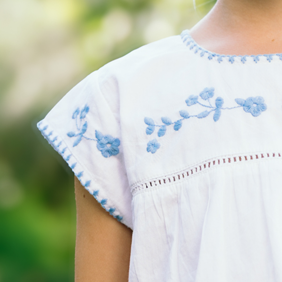 Minnow White Embroidered Top and Short with Dusk Blue Embroidery