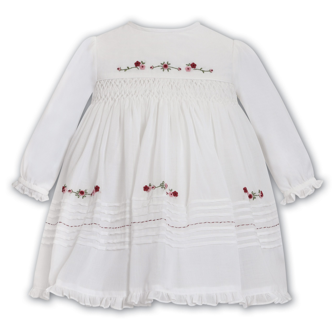 Sarah Louise Ivory Voile Dress with Rich Rose Embroidery