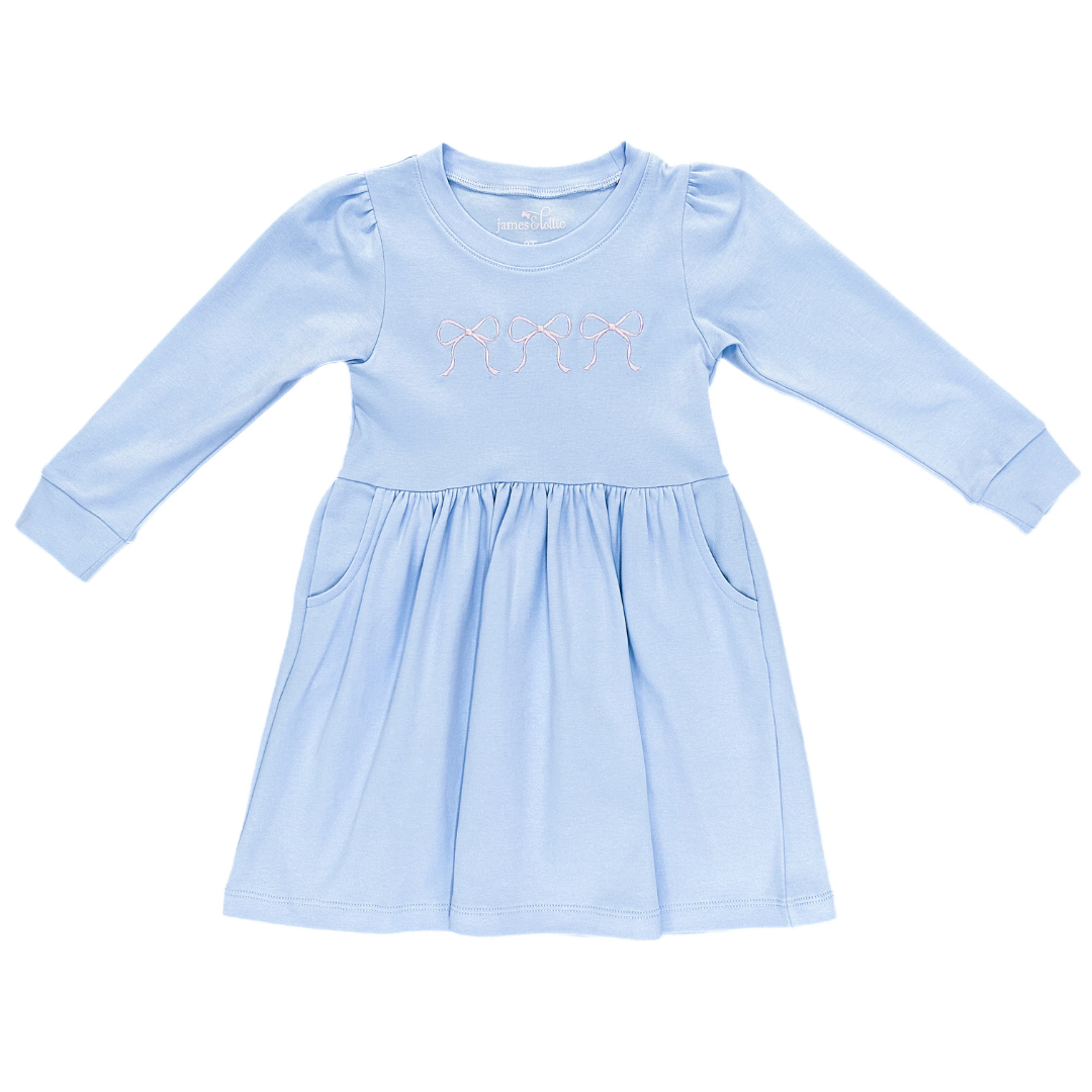 James & Lottie Light Blue Sidney Sweatshirt Dress, Basic Bows