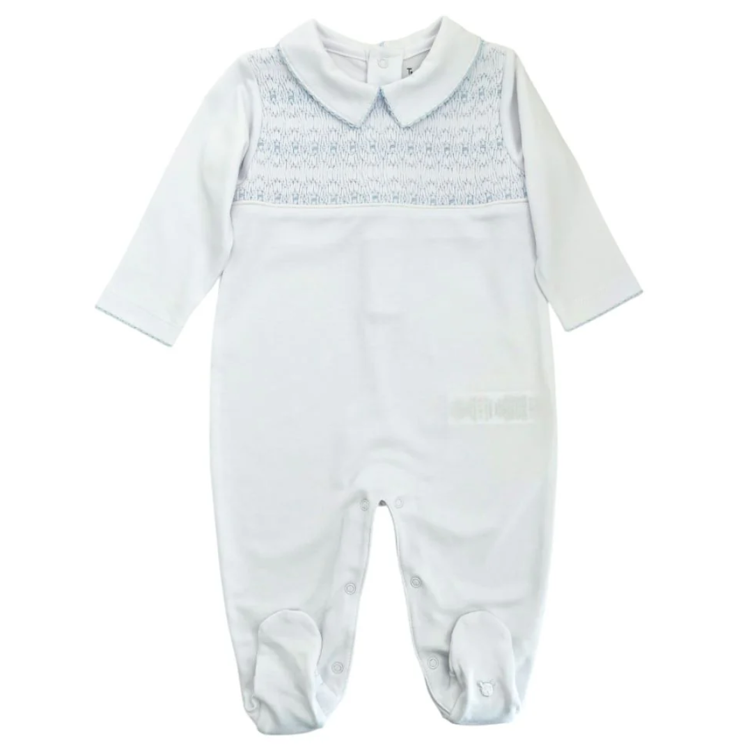 Tecomoabesos Hand Smocked Playsuit, White with Blue