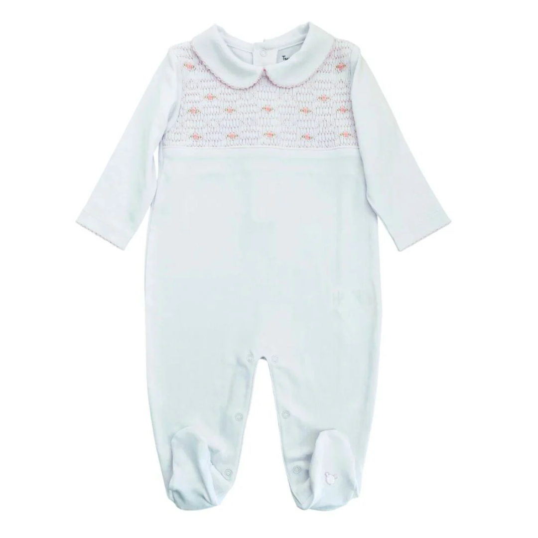 Tecomoabesos Hand Smocked Playsuit, White with Pink