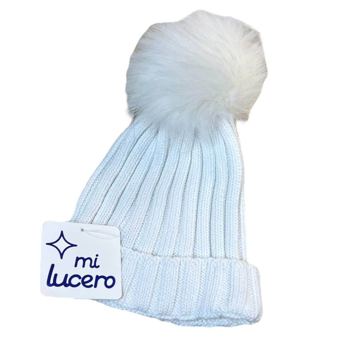 Mi Lucero Toboggan Hat with Pom, White