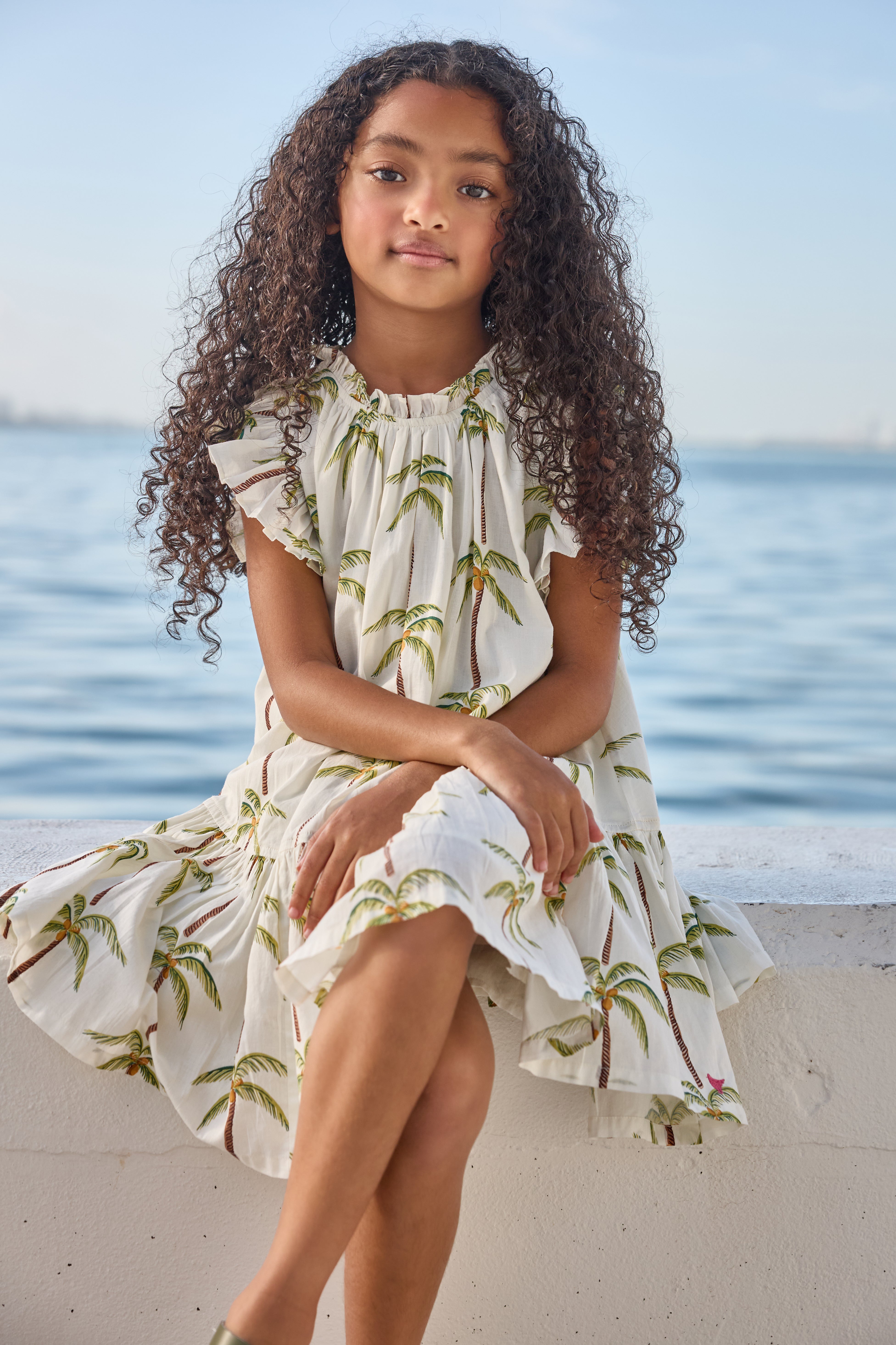 Pink Chicken Harper Dress, Cream Palm Trees