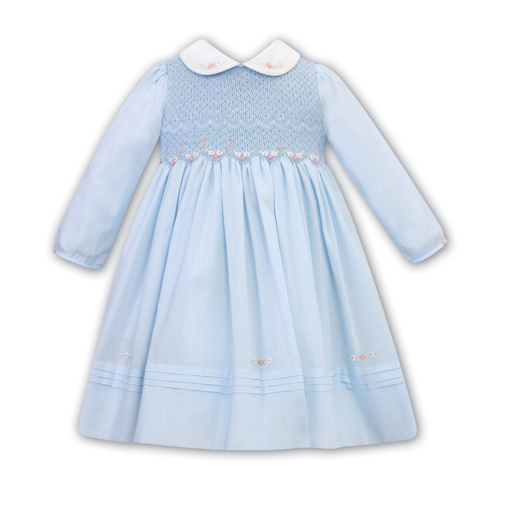 Sarah Louise Blue Dress with Full Smocking and Flower Embroidery