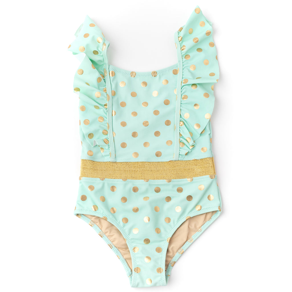 Shade Critters Ruffle Shoulder Swimsuit, Mint and Gold Dot