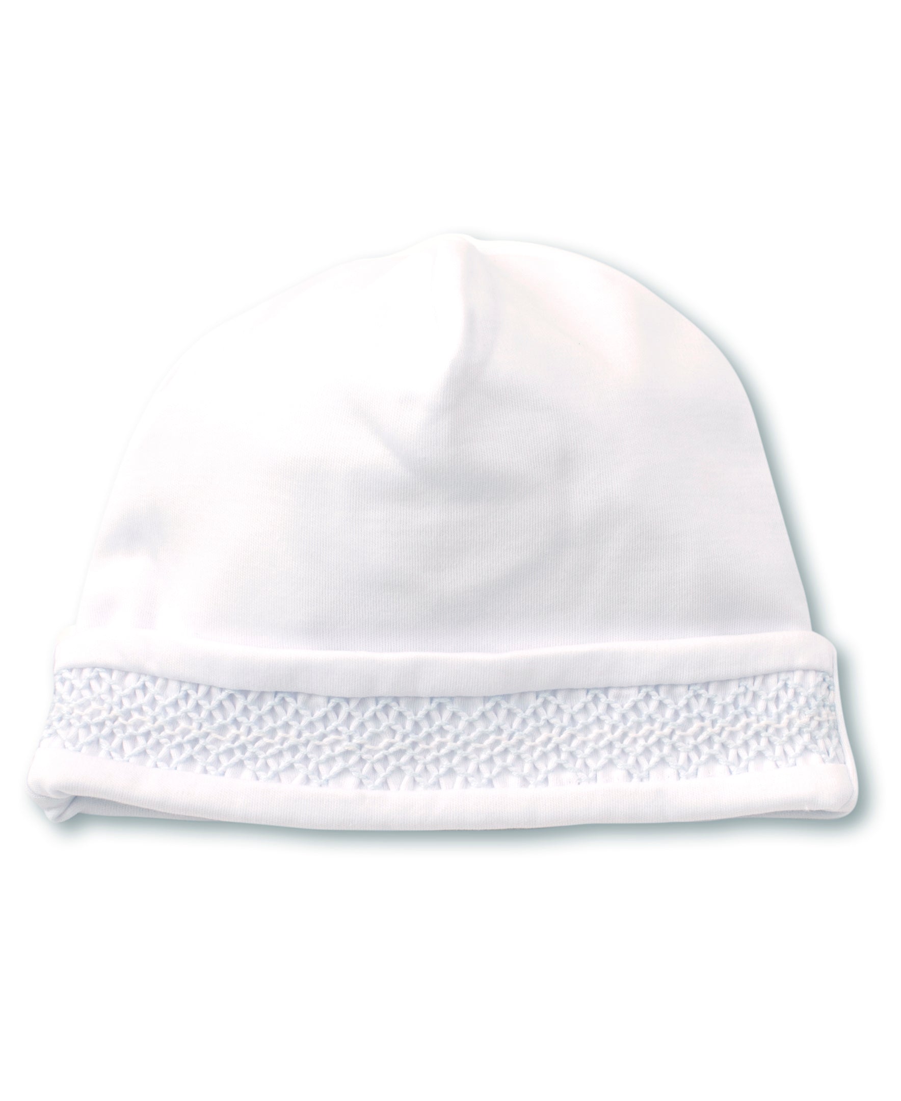 Kissy Kissy Hat with Hand Smocking, White with Light Blue