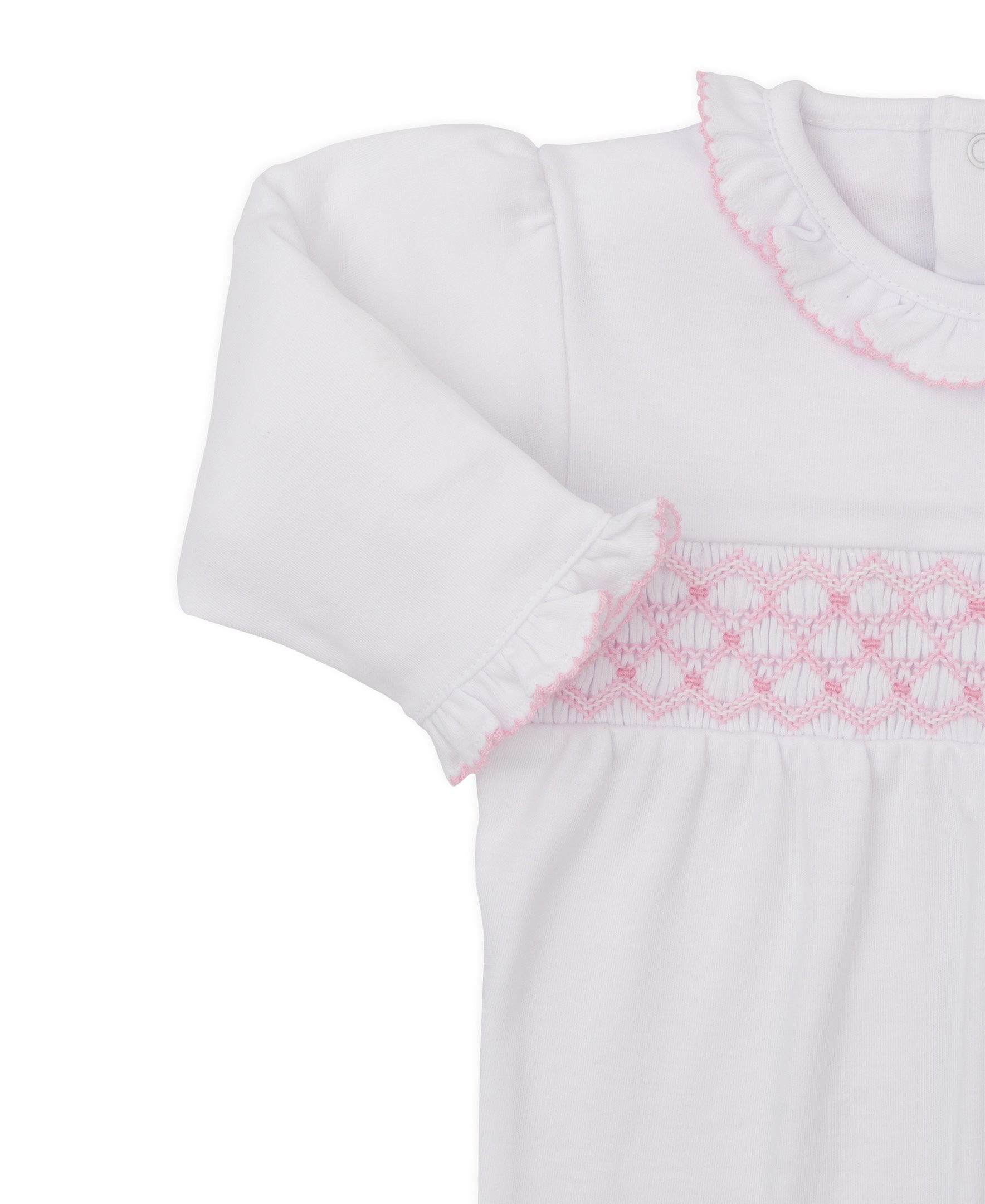 Kissy Kissy Footie with CLB Diamond Smocking, White with Pink