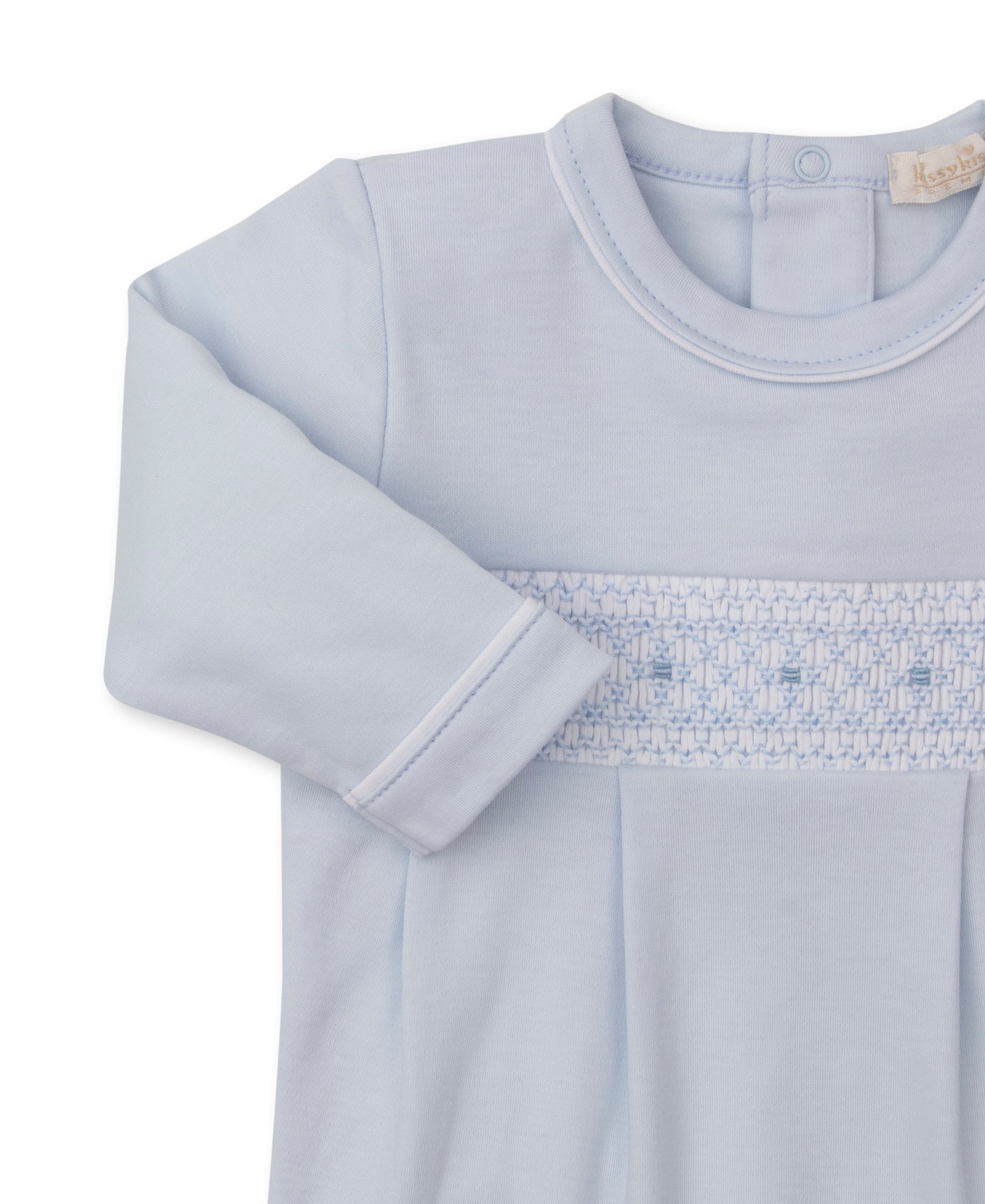 Kissy Kissy Light Blue Footie with CLB Diamond Hand Smocking