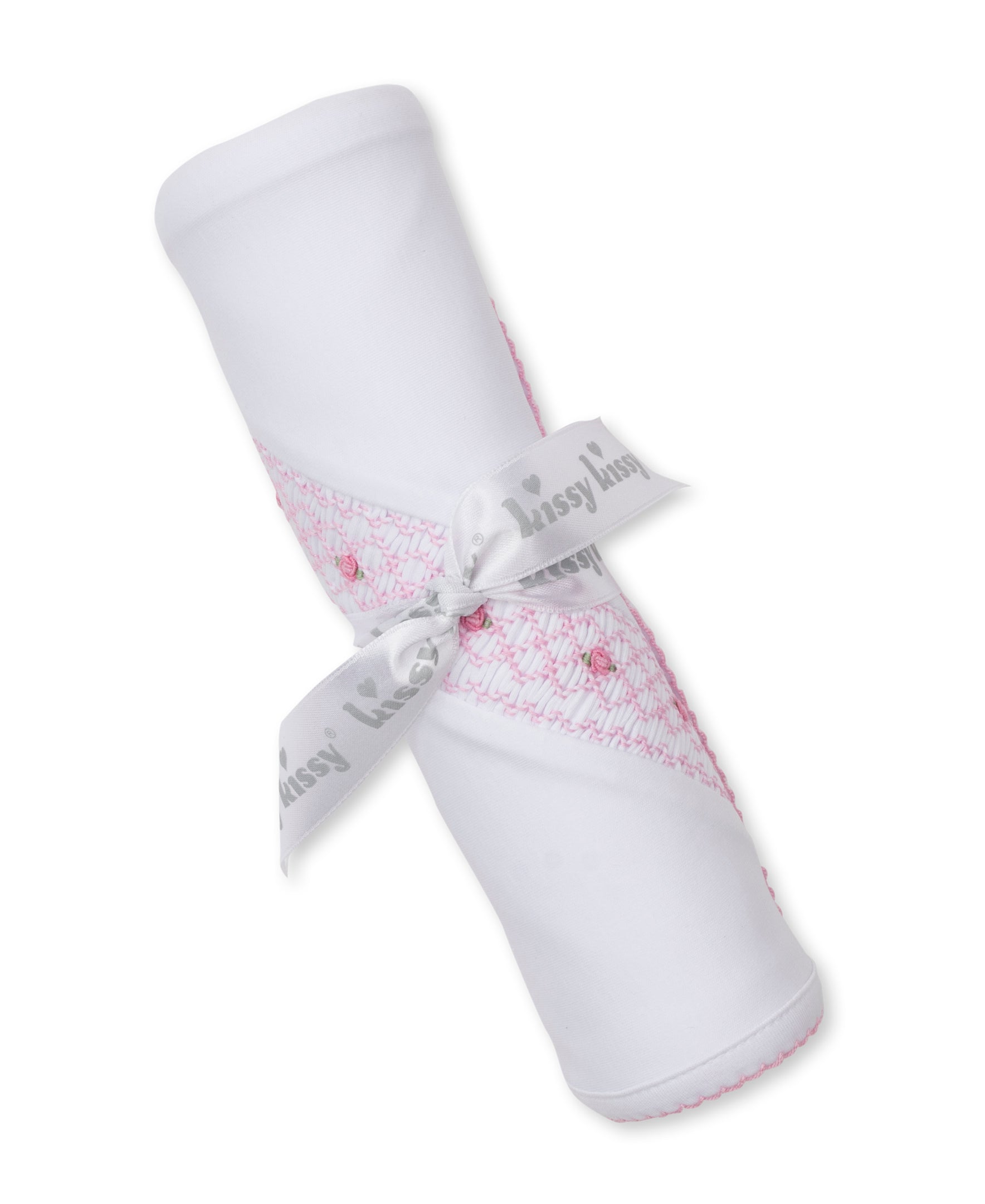 Kissy Kissy White Blanket with CLB Diamond Rosette Hand Smocking