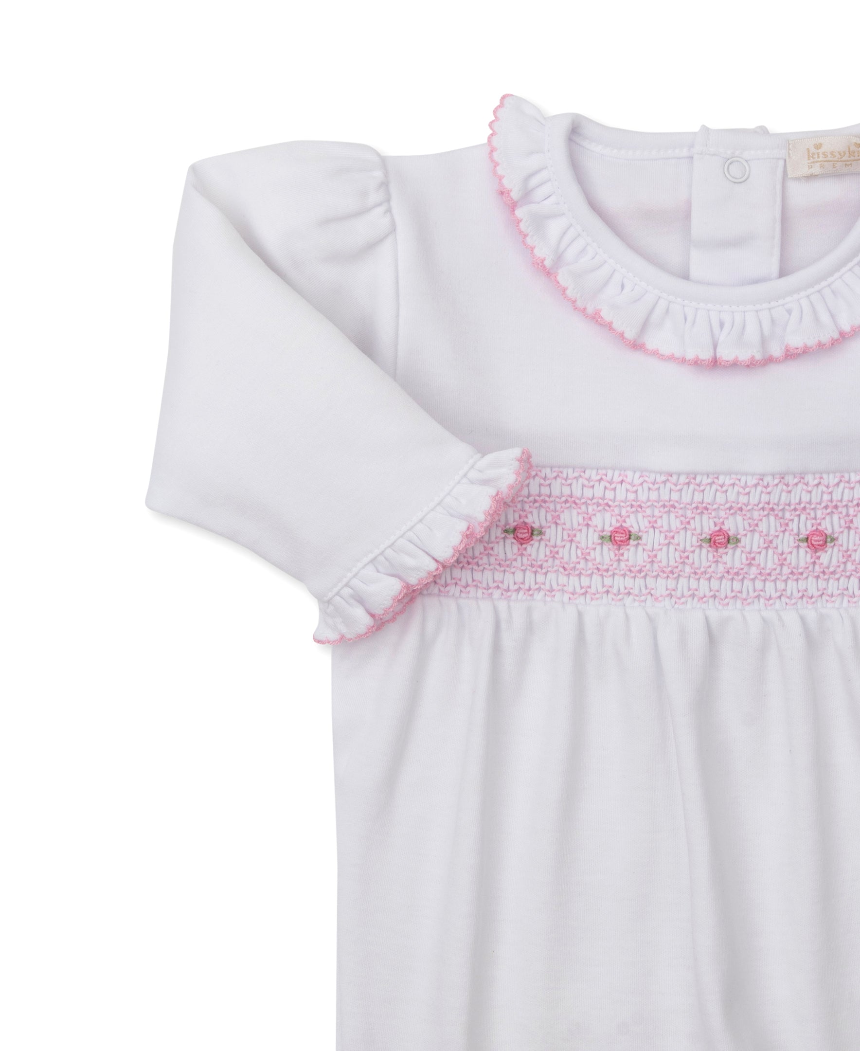 Kissy Kissy White Footie with CLB Diamond Rosette Hand Smocking