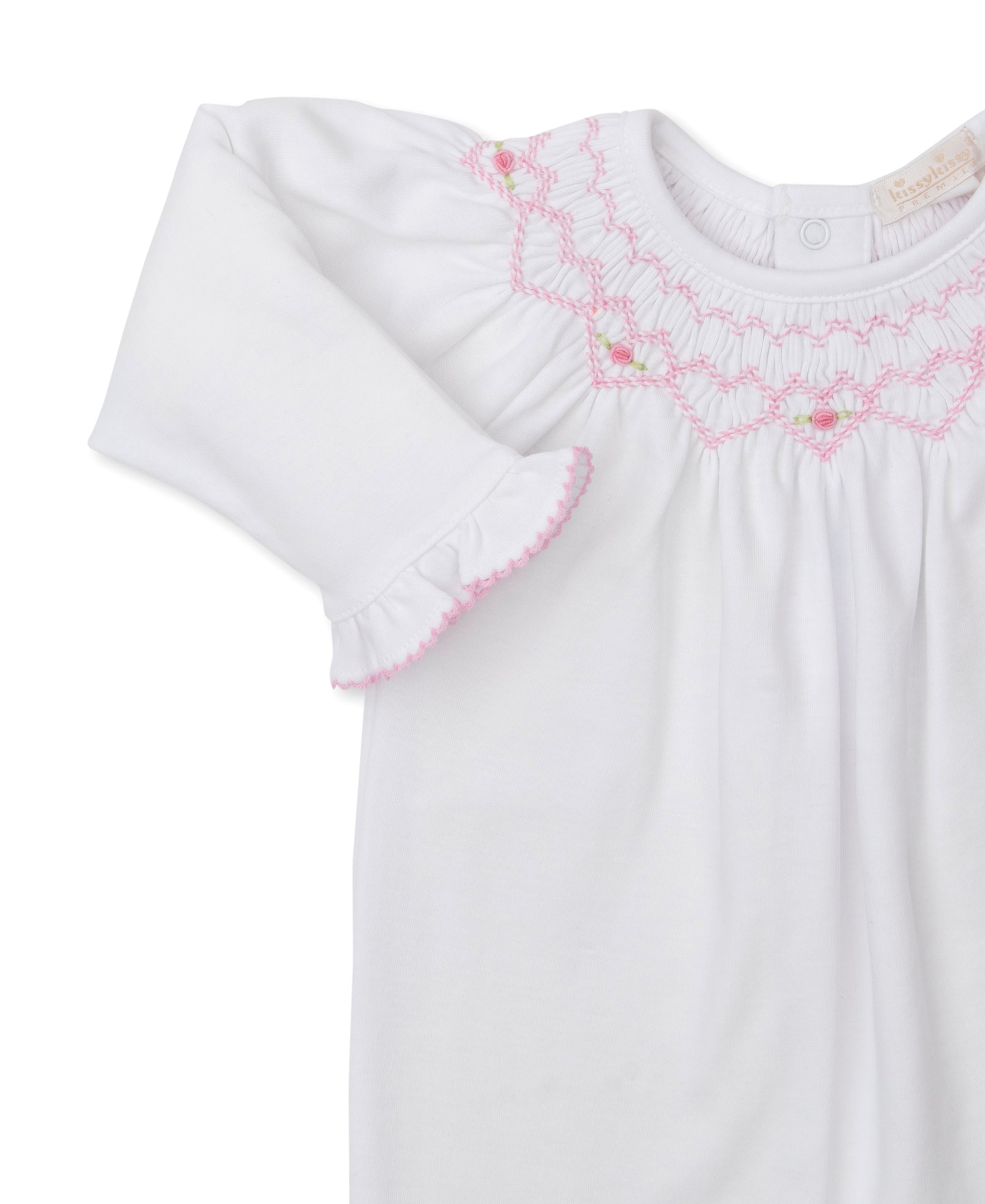 Kissy Kissy Footie with CLB Heart Smocking, White with Pink