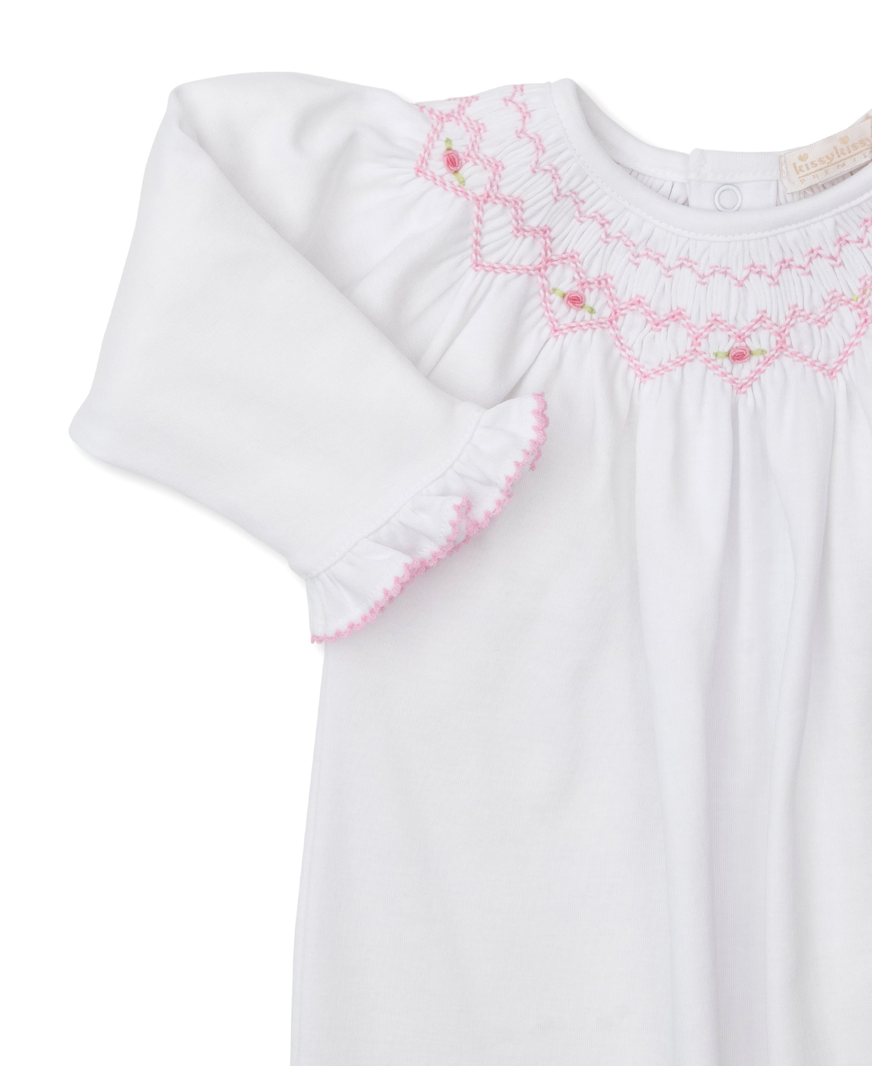 Kissy Kissy Sack with CLB Heart Smocking, White with Pink