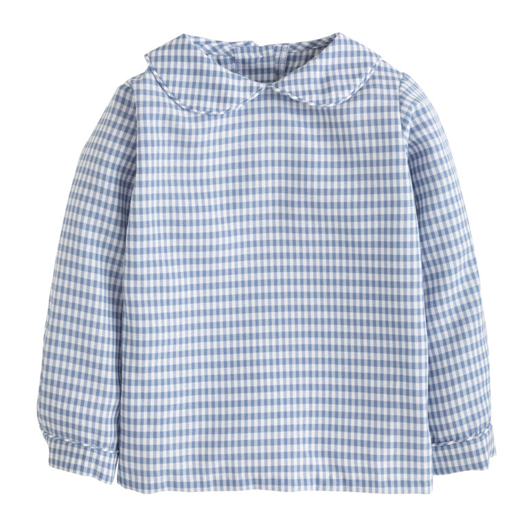 Little English Peter Pan Shirt, Gray Blue Gingham