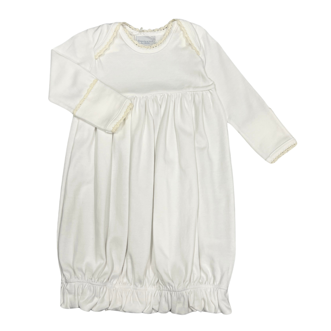 Squiggles White Lap Shoulder Gown with Ecru Trim