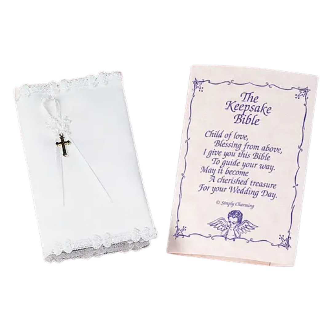 Simply Charming White Satin Baby Bible with Cross