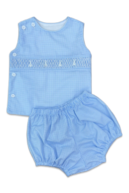 Percy & Tyne Sleevless Smocked Beau Set, baby blue gingham