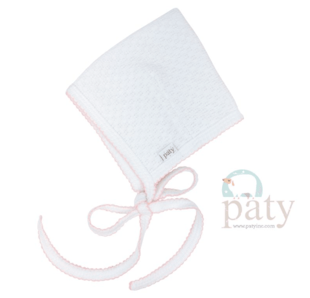 Paty Knit Bonnet, White with Pink Trim - shopnurseryrhymes