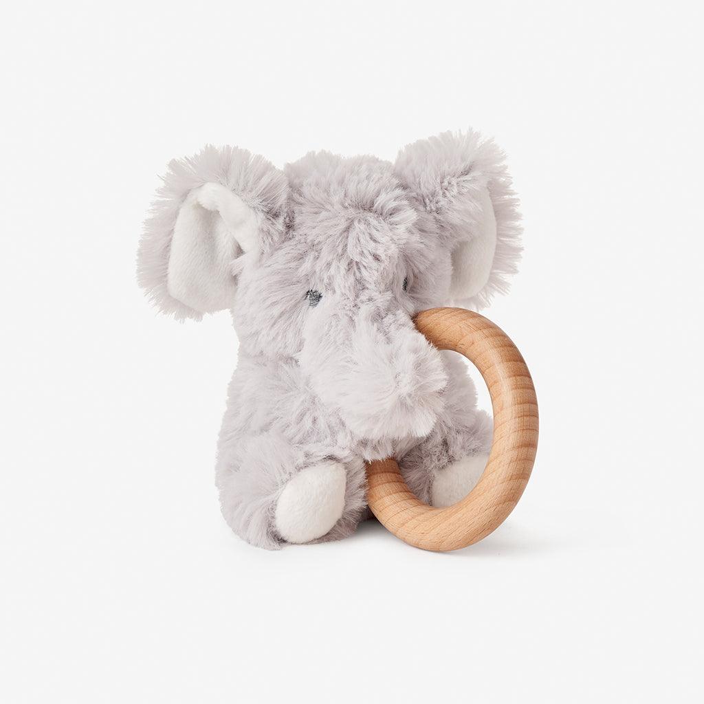 Elegant Baby Plush Elephant Wooden Ring Rattle - shopnurseryrhymes