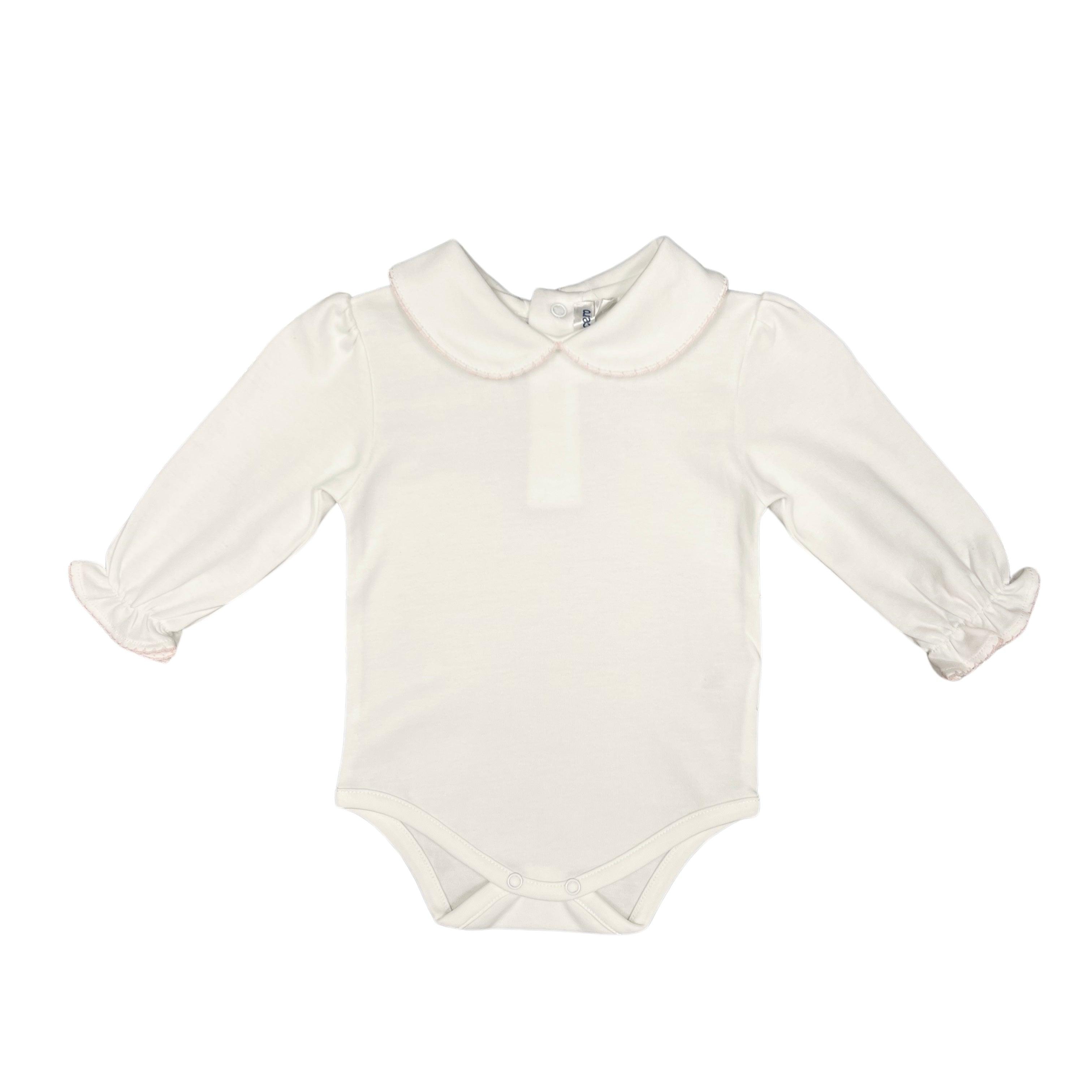 Mi Lucero Round Collar White Picot Onesie with Ruffle Sleeves and Pink Trim - shopnurseryrhymes