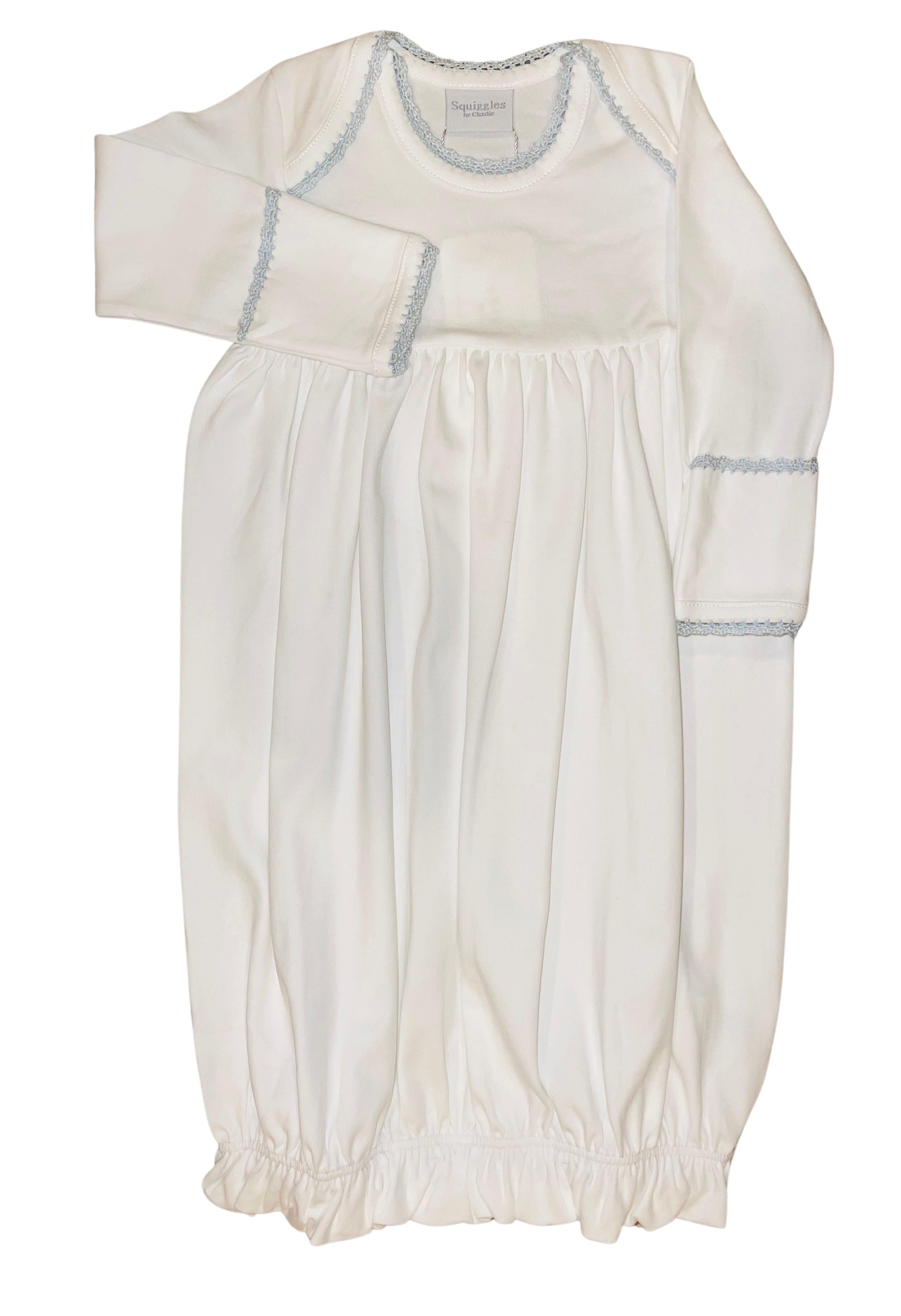 Squiggles Crochet Lap Gown- White w/ blue trim - shopnurseryrhymes