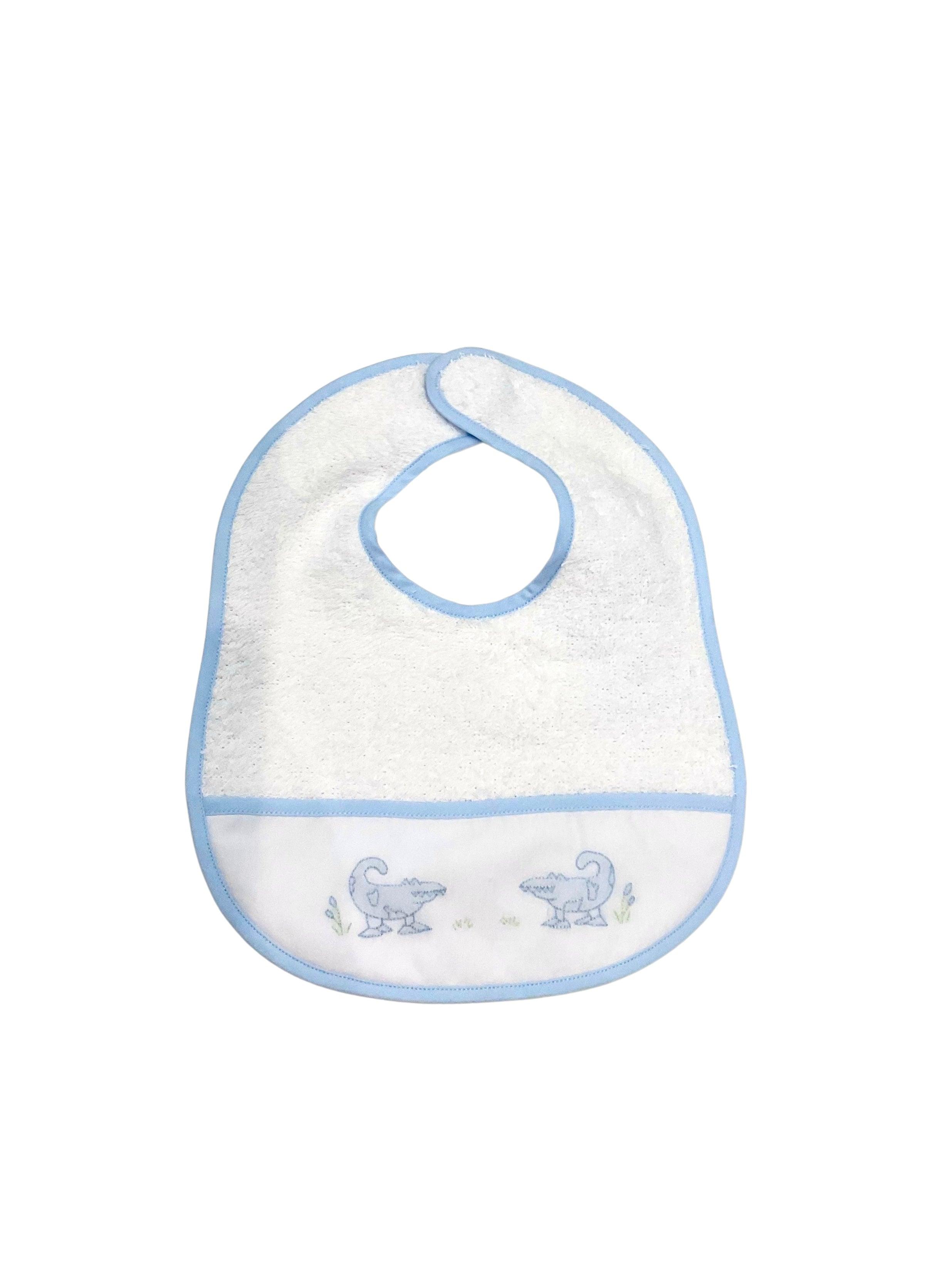 Auraluz White Terry Bib with Blue Alligators - shopnurseryrhymes