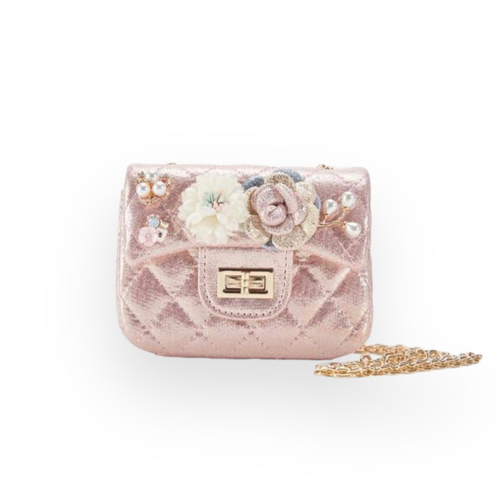 Doe A Dear Floral Shiny Quilted Purse, Pink