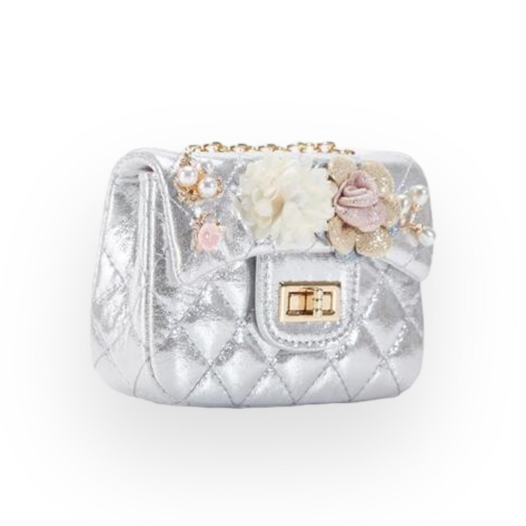 Doe A Dear Floral Shiny Quilted Purse, Silver