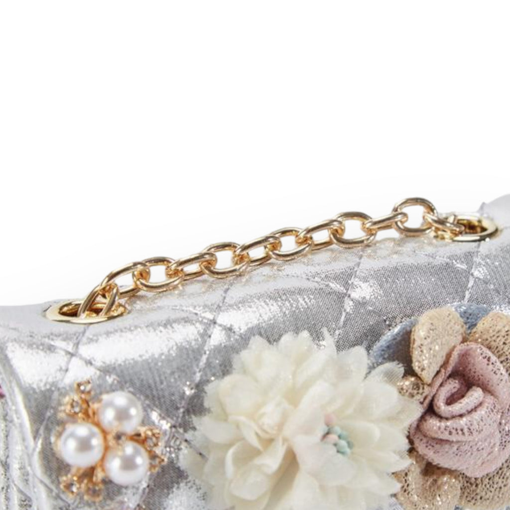 Doe A Dear Floral Shiny Quilted Purse, Silver