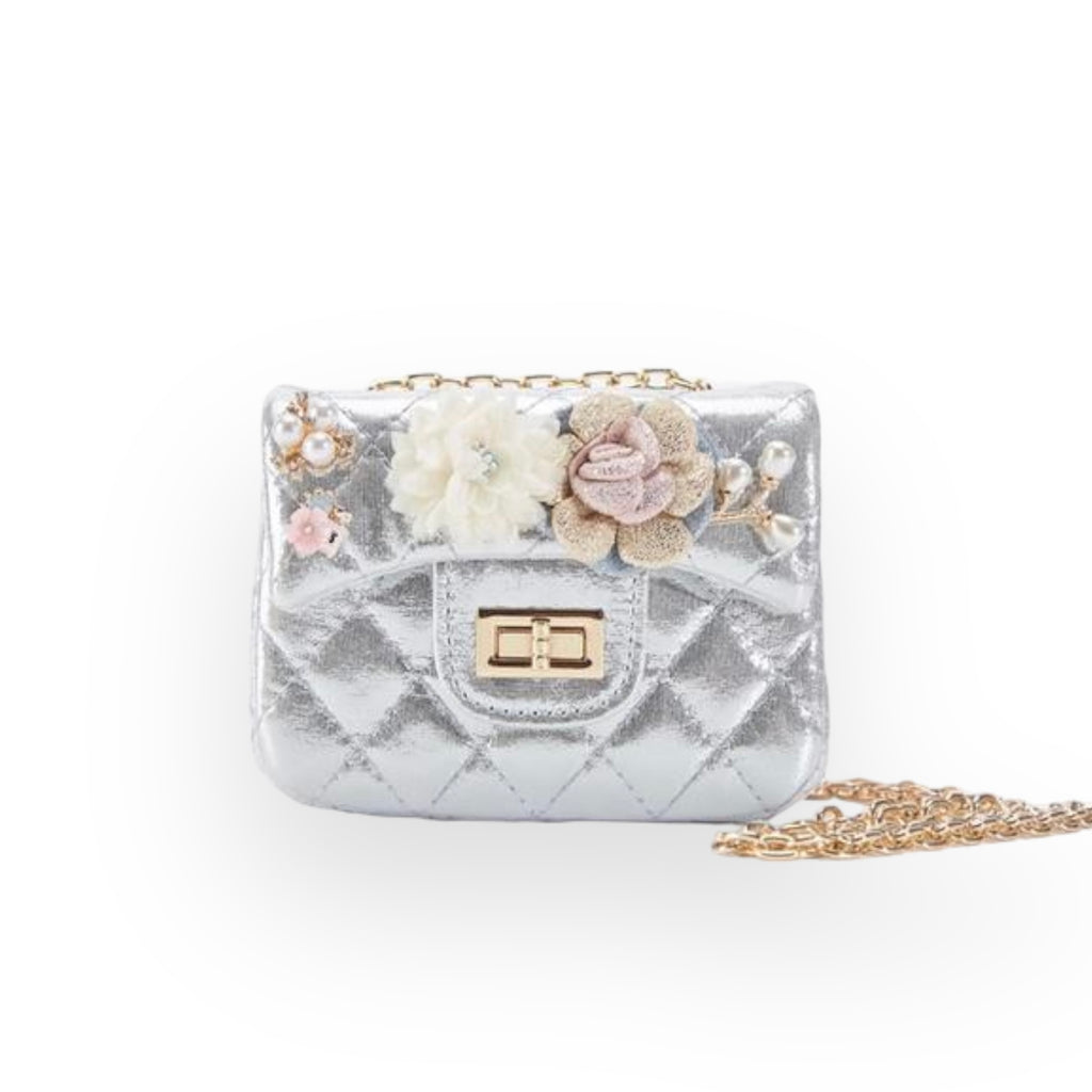 Doe A Dear Floral Shiny Quilted Purse, Silver