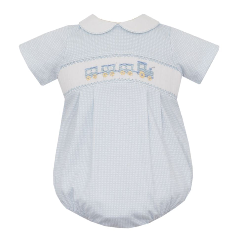 Petit Bebe Train Light Blue Check Knit Bubble