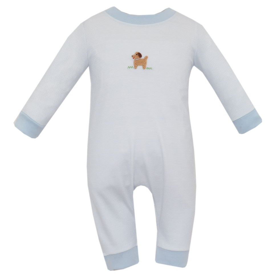 Petit Bebe Puppies Light Blue Knit Stripe Romper