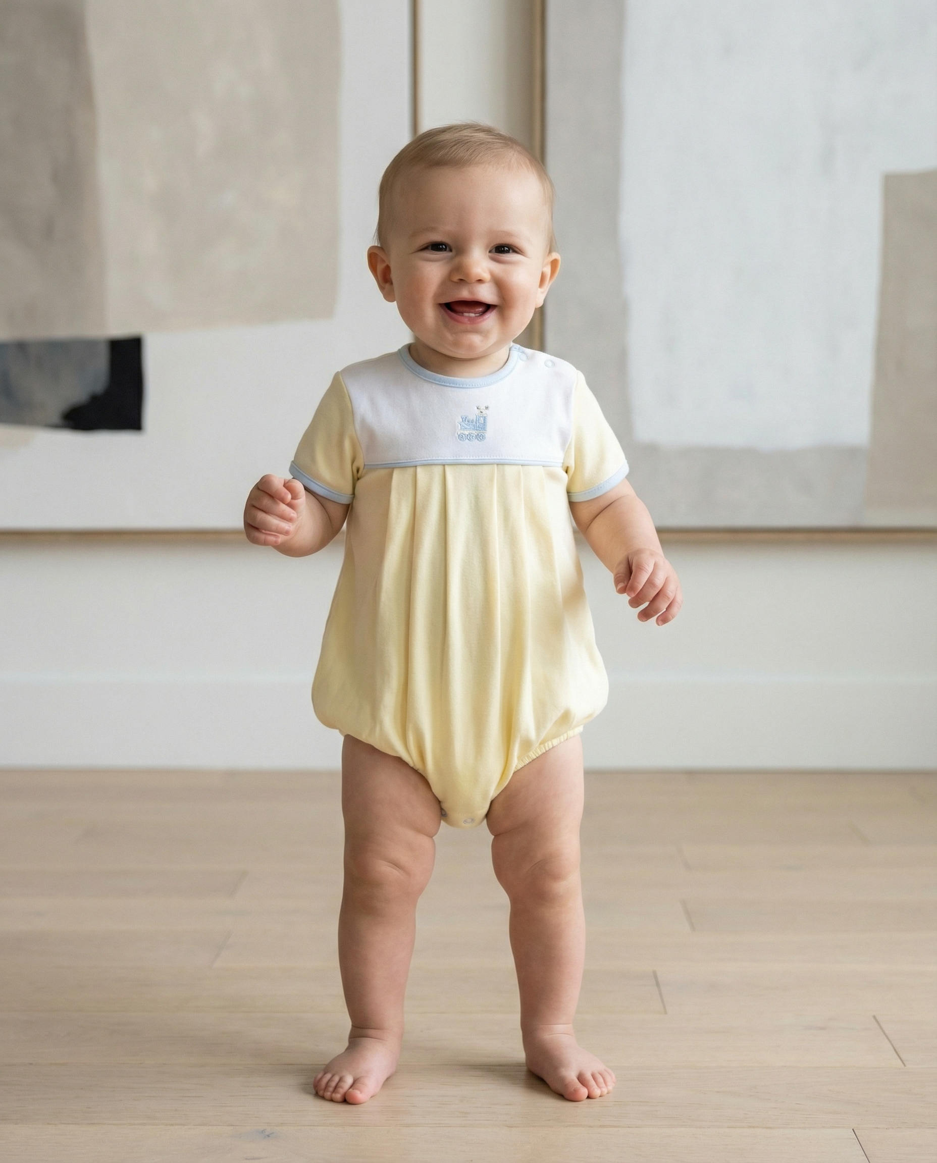 Squiggles Pleated Bubble Mini train on Pale Yellow