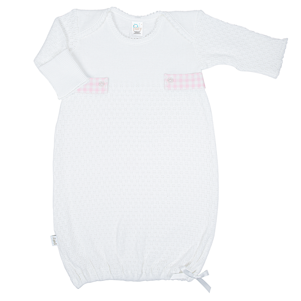 Paty Knit Overlap Shoulder Gown, Gingham Tabs