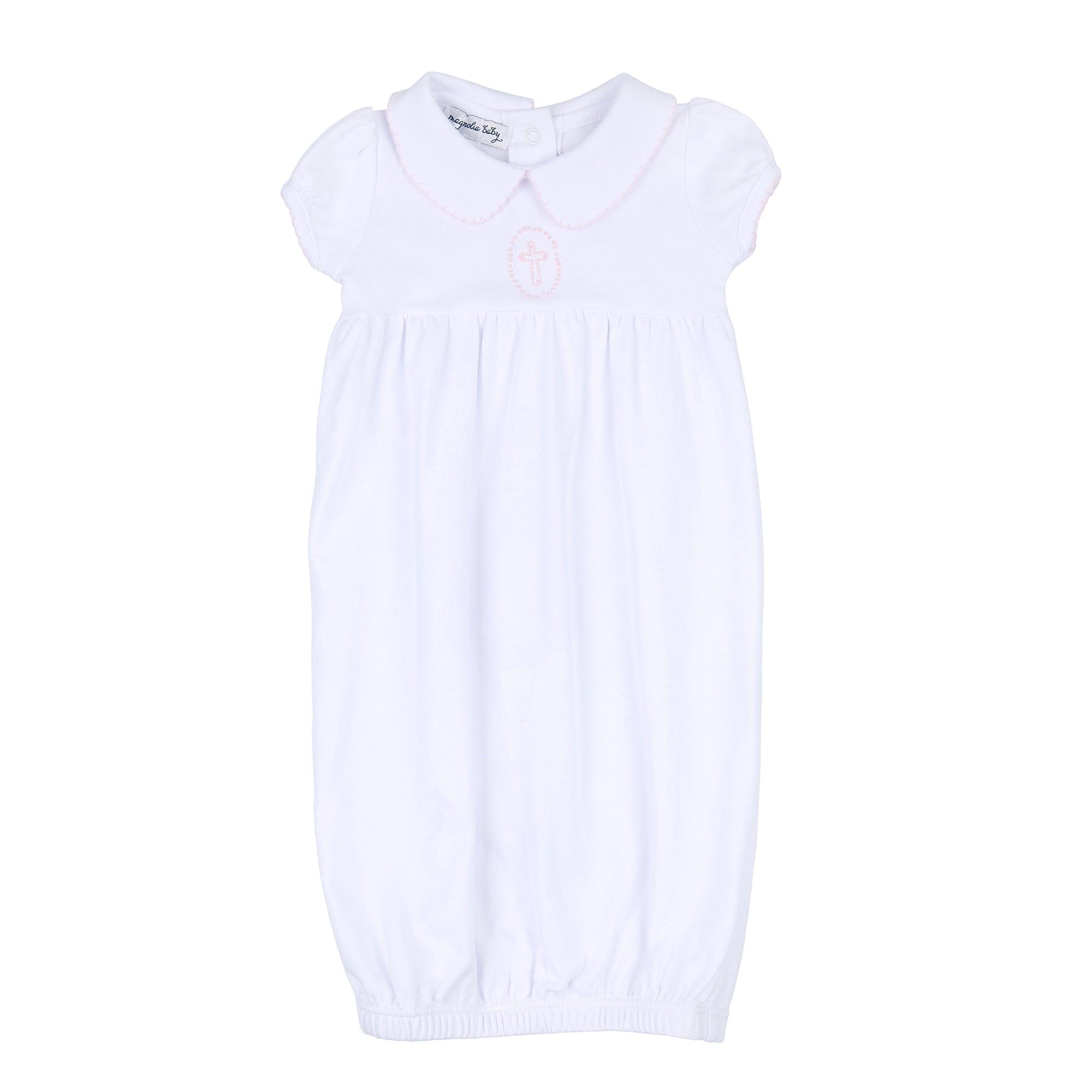 Magnolia Baby Blessed Embroidered, Collared Gathered Gown - shopnurseryrhymes