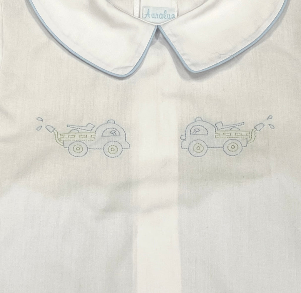 Auraluz Blue & White Short Set with Firetruck Embroidery