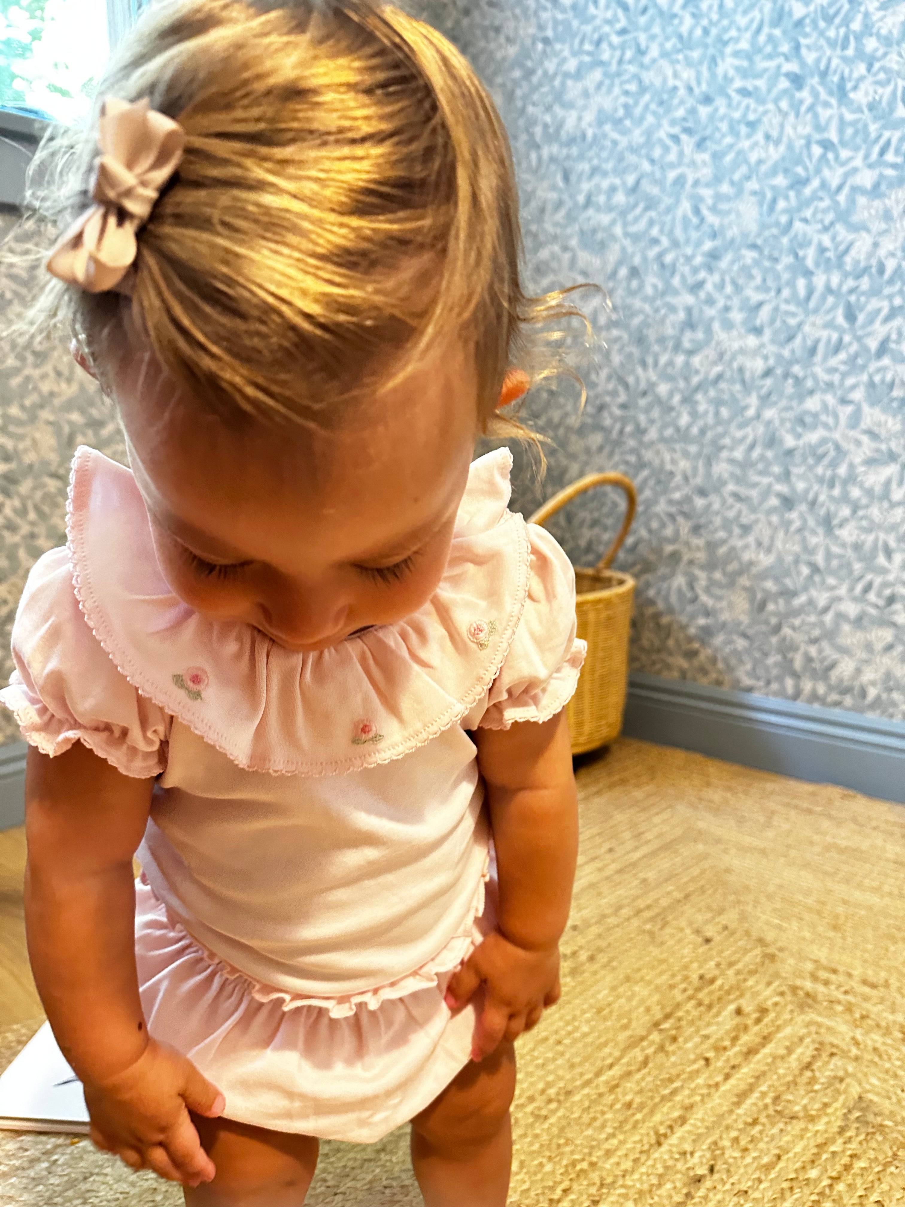 Baby Bloom Pima Ruffle Bodysuit and Bloomers with Peony Embroidery