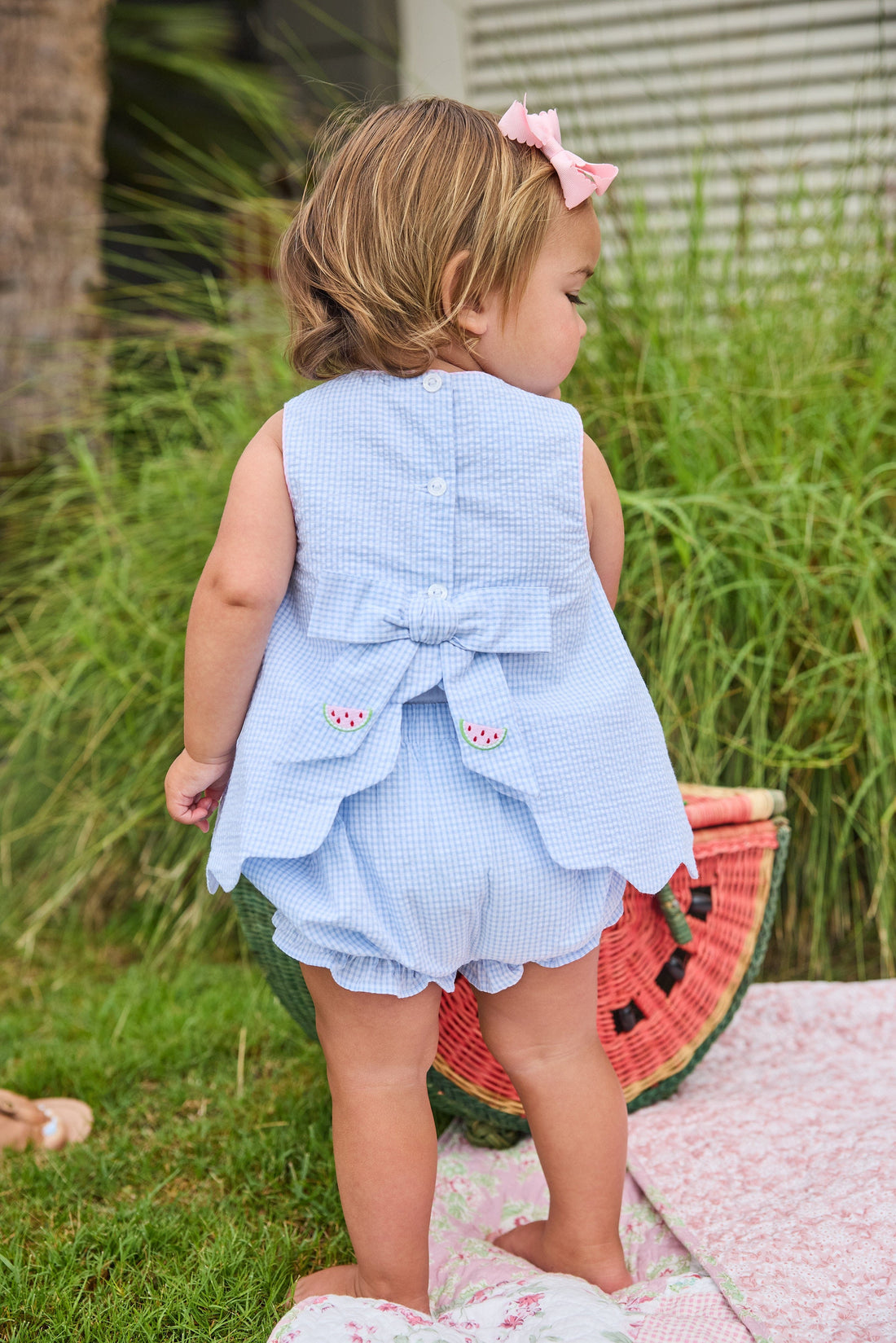 Little English Embroidered Bow Back Bloomer Set, Watermelon