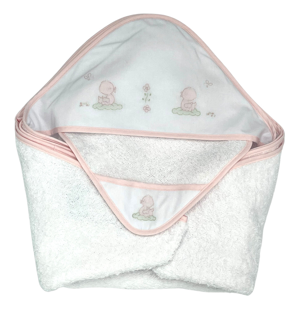 Auraluz Hooded Towel with Wash Cloth Set, White with Pink Ducks Swimming