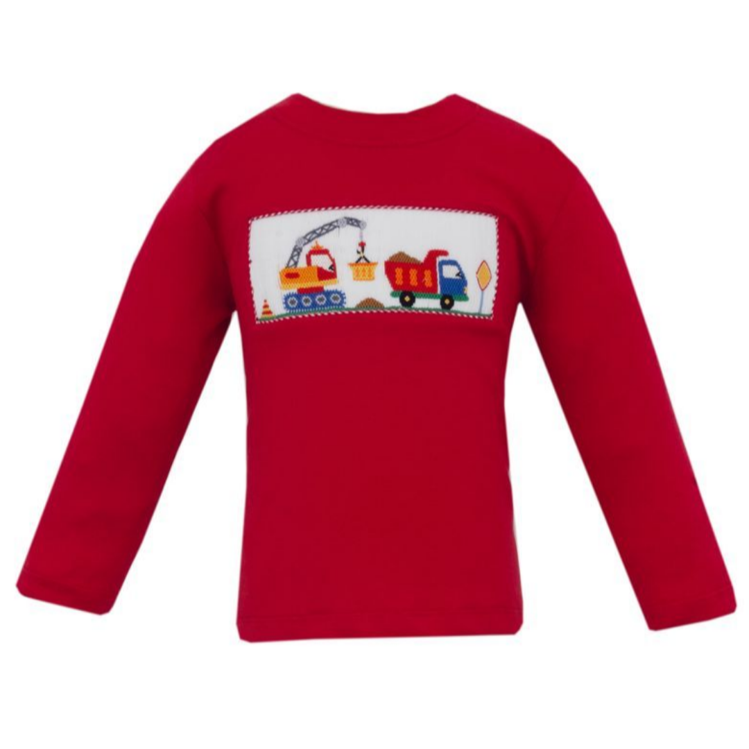 Anavini Tee, Construction Trucks on Red Knit