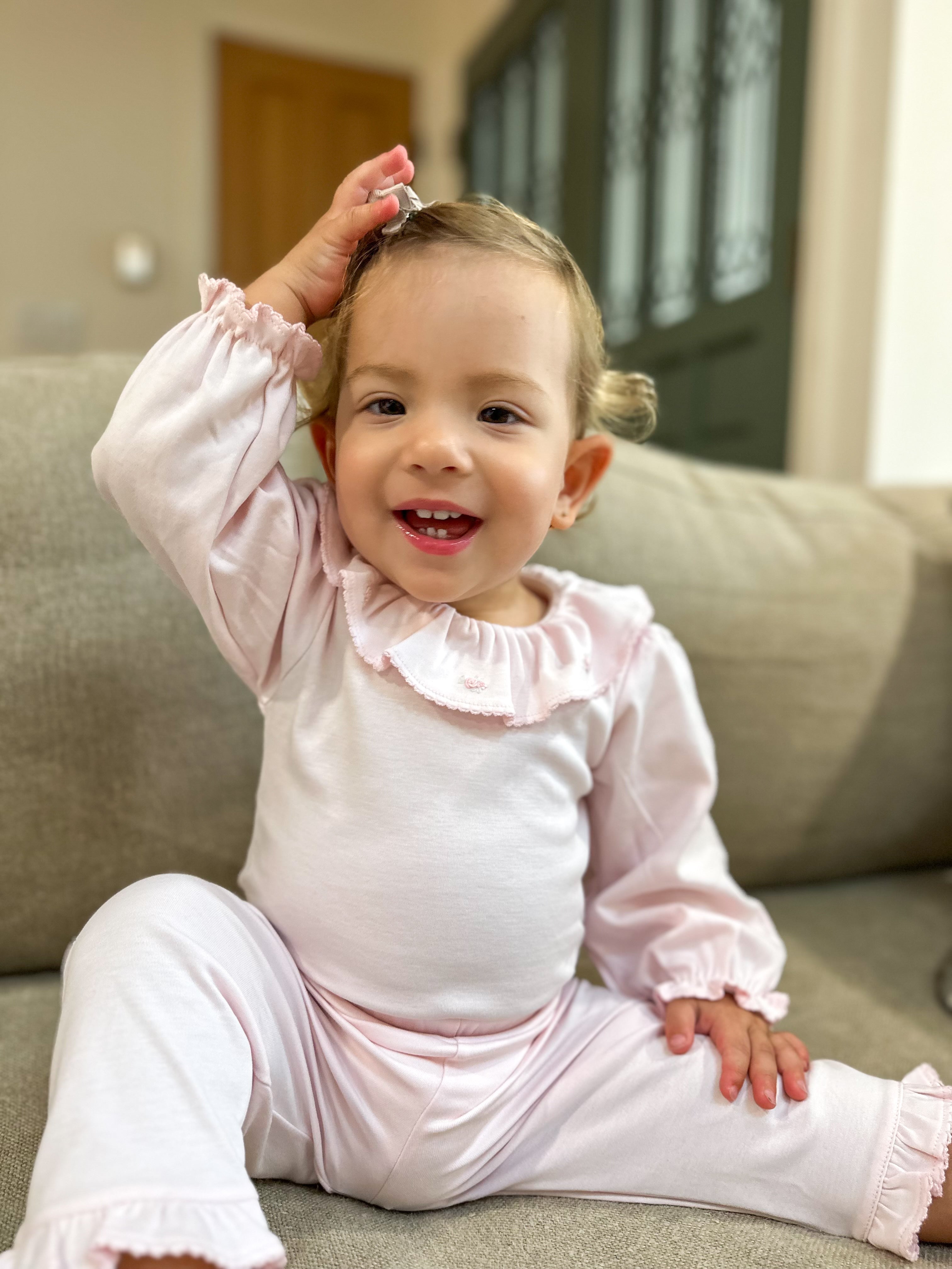 Baby Bloom Pima Ruffle Pink Bodysuit with Rose Embroidery