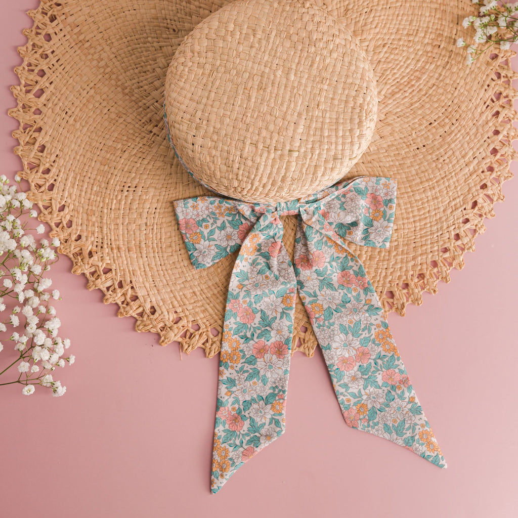 Kidiwi Constance Raffia Hat with Bow, Coral and Mint Floral